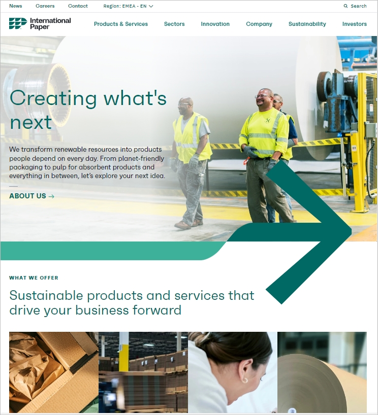 Startpagina van de International Paper-website over duurzaamheid en bos