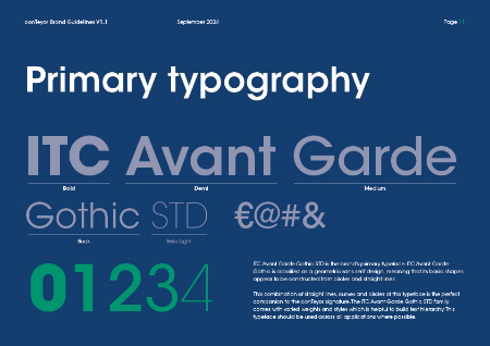ConTeyor merkrichtlijnen pagina 11 met primaire lettertype ITC Avant Garde Gothic