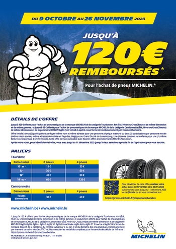 Michelin promotieflyer in het Nederlands met 120€ terugbetaling op banden, herfst 2023