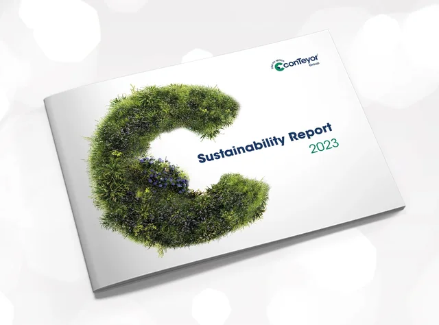 Maquette de couverture du rapport développement durable KTPconTeyor 2023 illustrant les engagements ESG