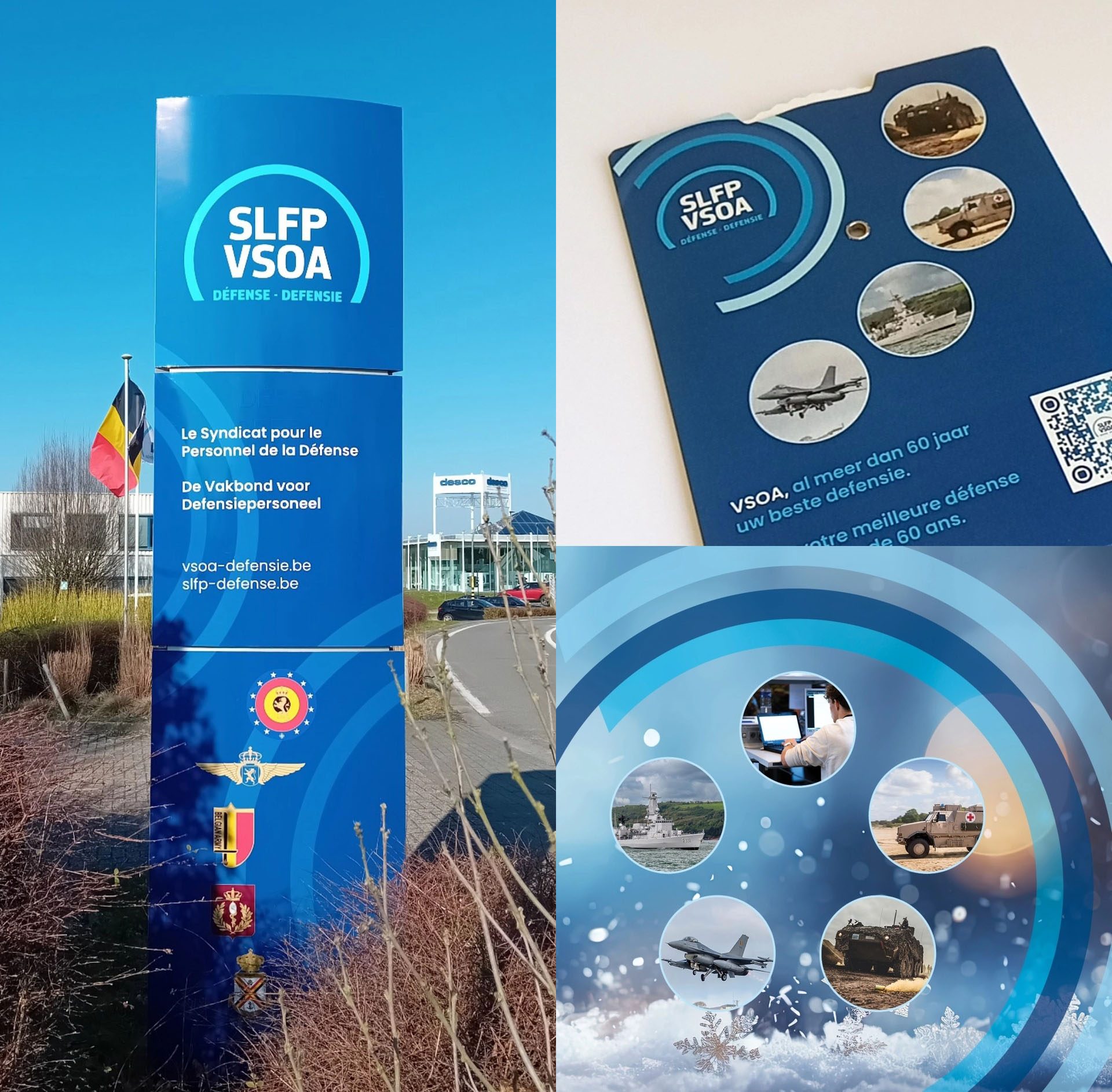 Collage van buitenborden en promotiebrochures voor vakbond SLFP-VSOA Defensie