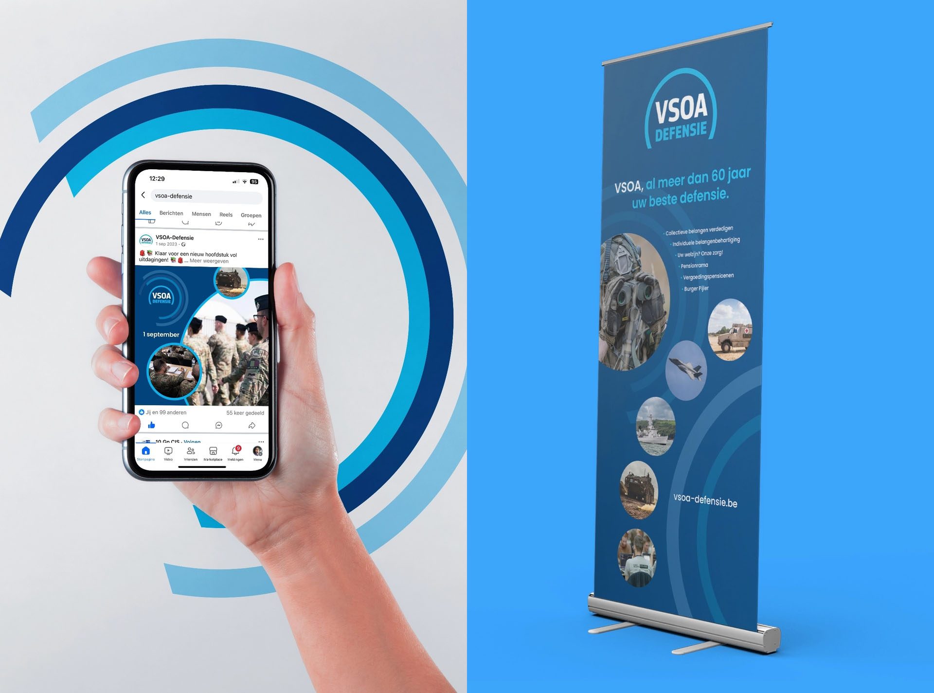 VSOA Defensie sociale media visuals en rollup-banner voor meer dan 60 jaar vakbond