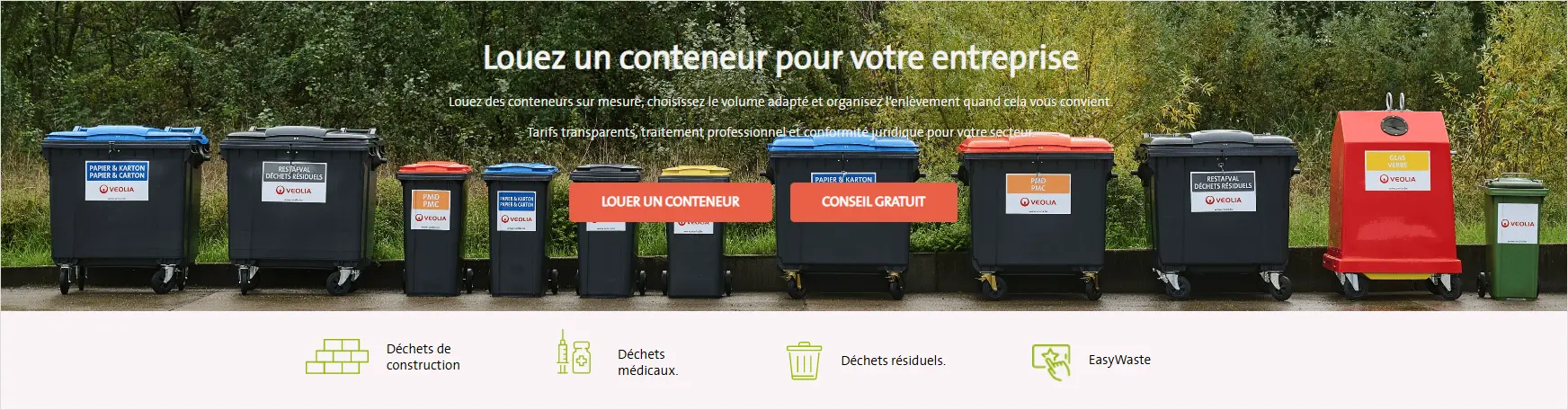 Site web français de Veolia Belgique présentant le service de location de conteneurs