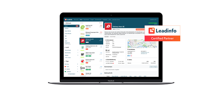 MacBook affichant le tableau de bord Leadinfo d'identification de leads B2B avec profils d'entreprises