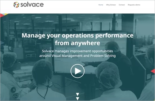 Startpagina van de Solvace-website met operationeel prestatiebeheersplatform voor productie