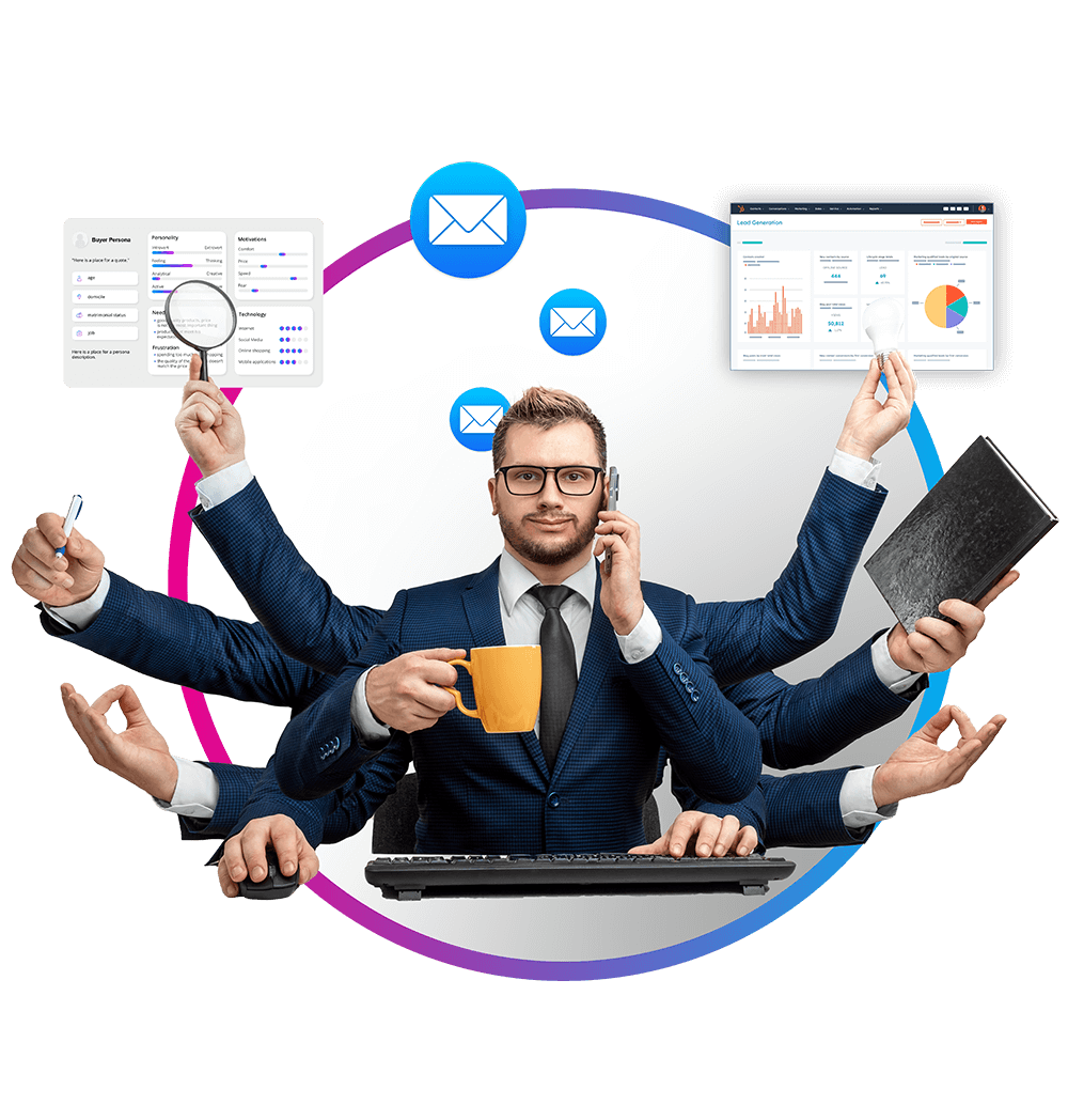 Overbelaste marketingdirecteur, multitasking tussen oproepen, rapportage en prospectie