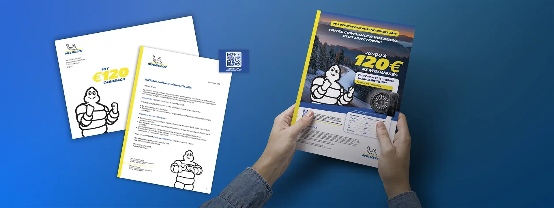POS-kit van de Michelin winteractie 2026: cashbackposter, brief en deelnamekaart