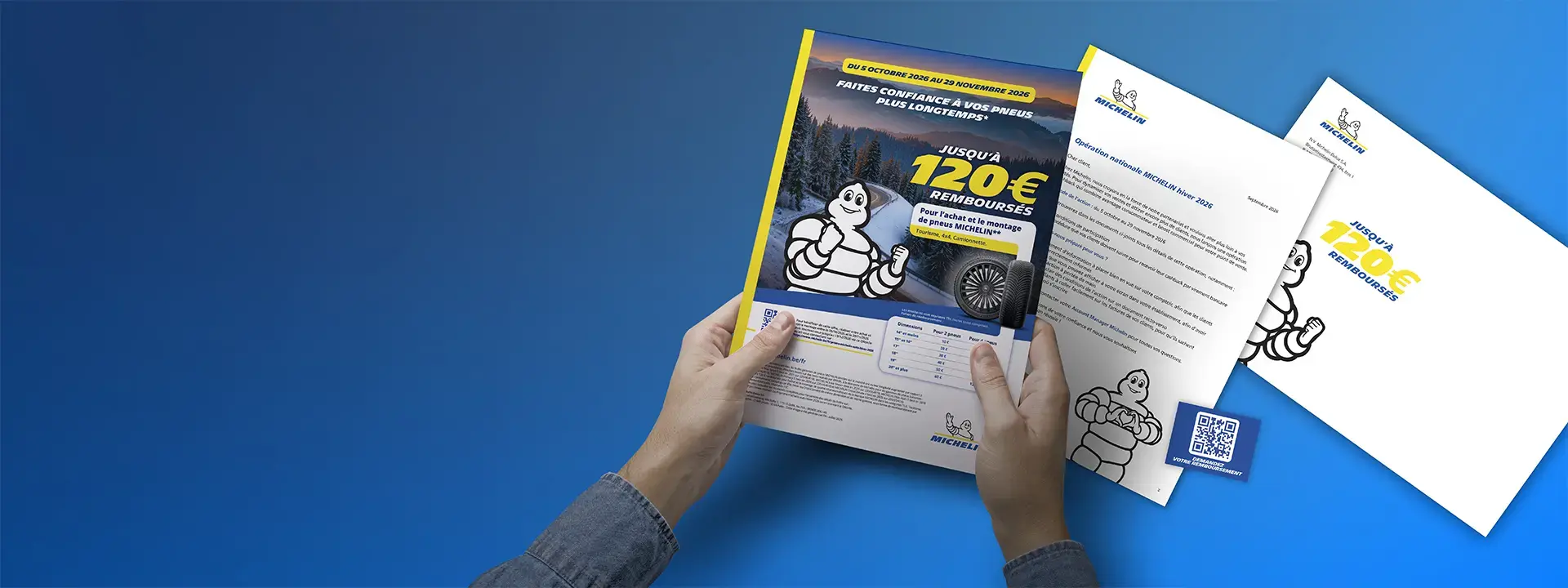 Kit PLV Michelin hiver 2026 : affiche jusqu'à 120 € remboursés, lettre, enveloppe et carte QR