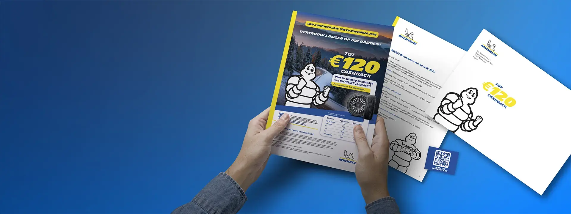 Michelin POS-kit winteractie 2026: poster tot €120 cashback, brief, envelop en QR-kaart